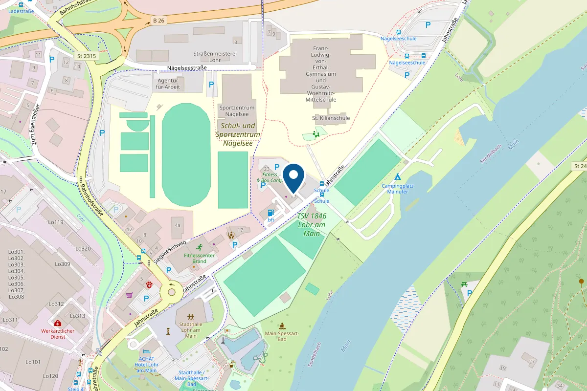 Karte: Der Fitpoint liegt an der Jahnstraße, zwischen dem Sportzentrum Nägelsee und dem Main, rund 250 Meter nordöstlich der Stadthalle.